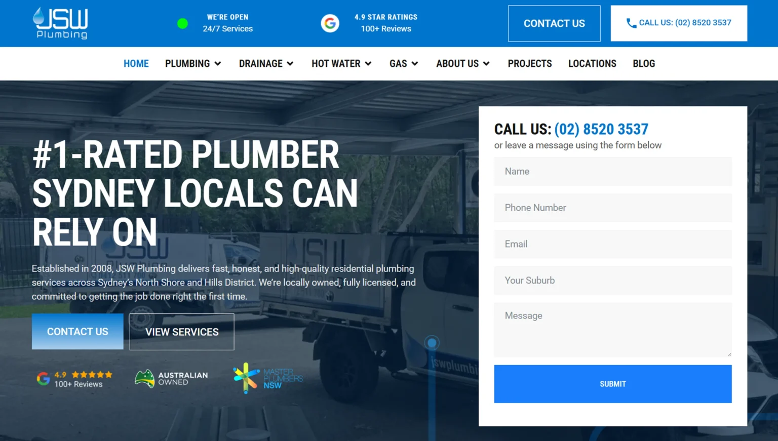 JSW Plumbing website after the rebuild