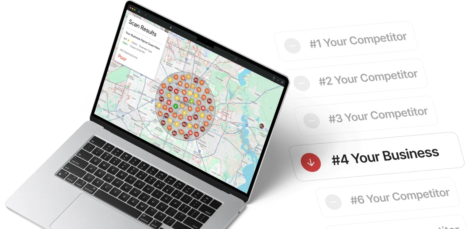 Laptop showing a local ranking scan with your business in fourth place