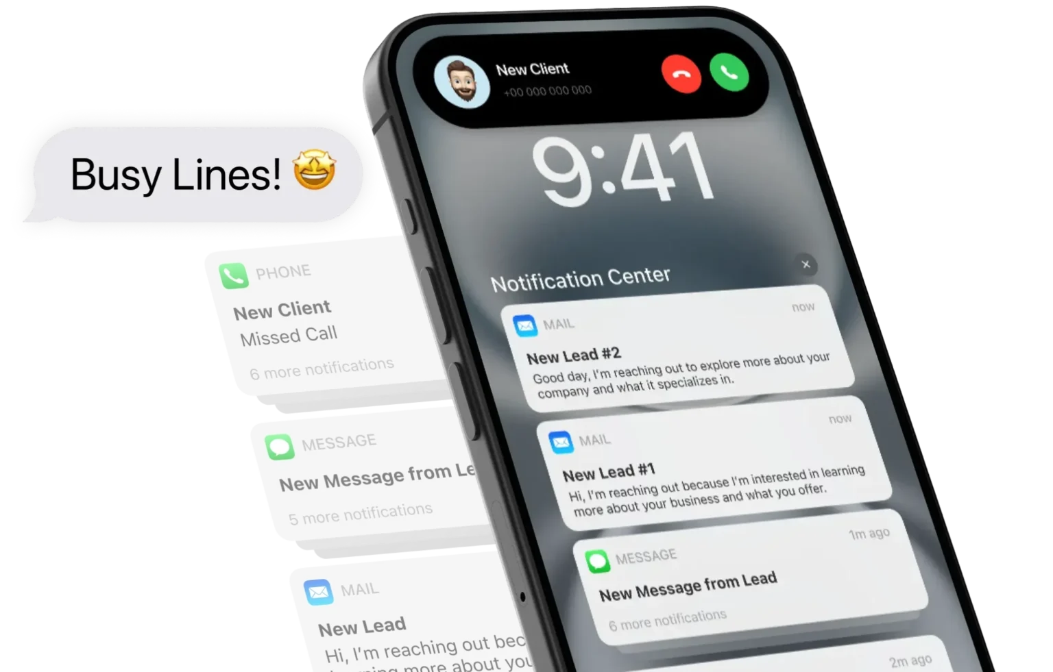 The same phone full of new lead notifications and a message reading Busy Lines