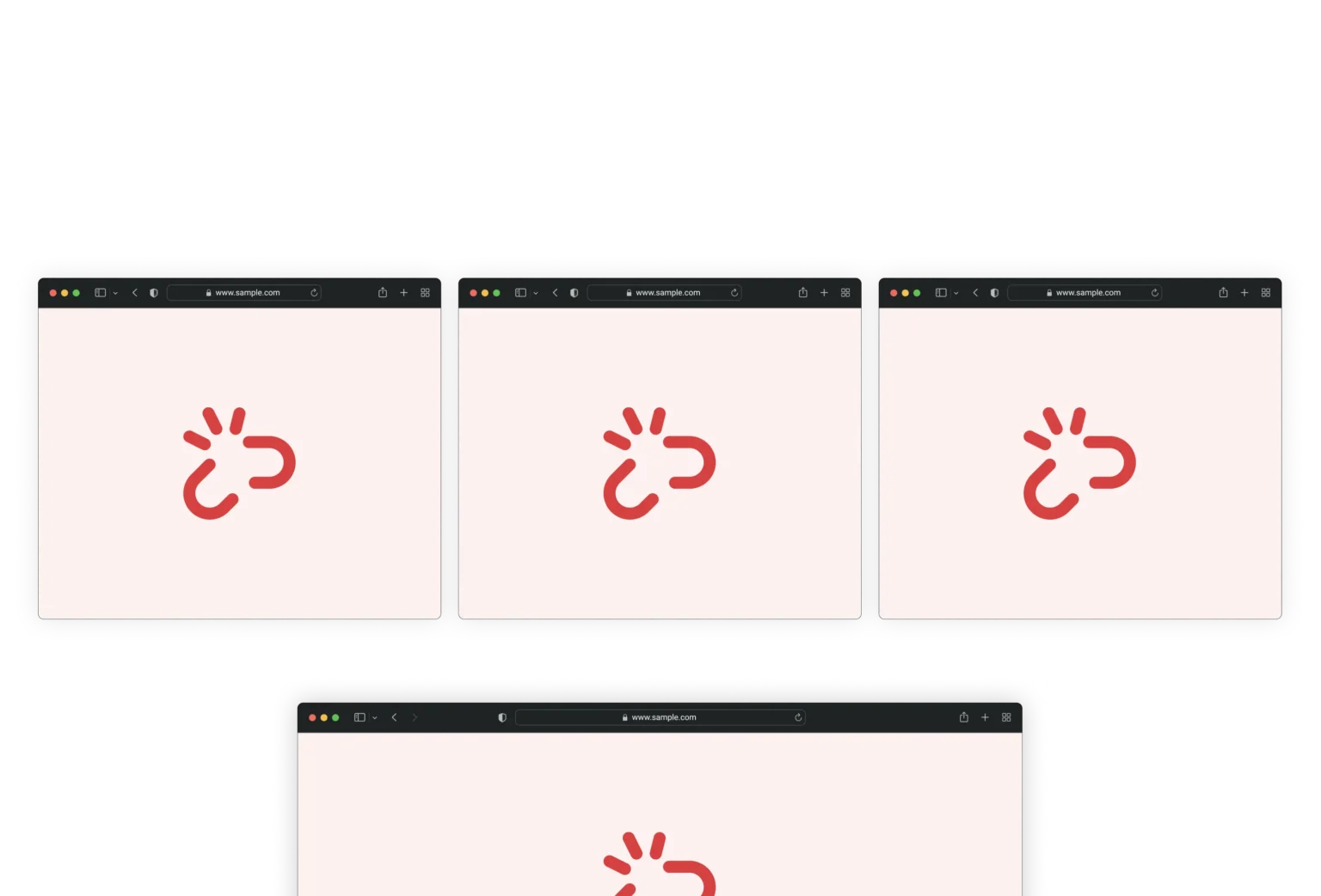 Four browser windows showing broken link icons