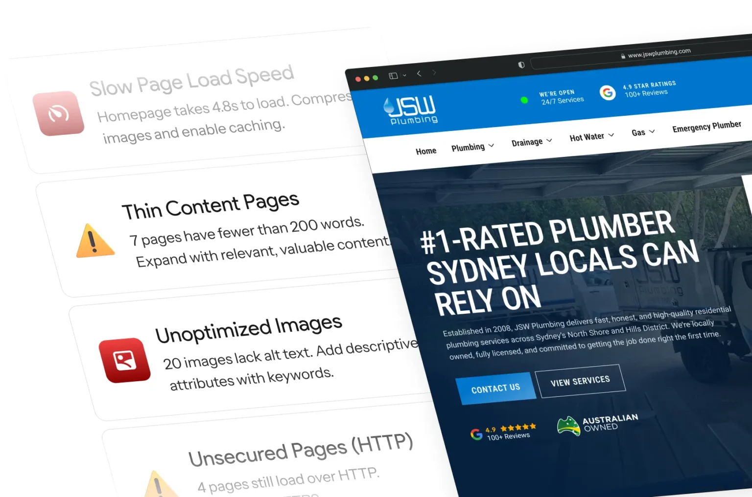 A website audit listing slow pages, thin content and unoptimised images